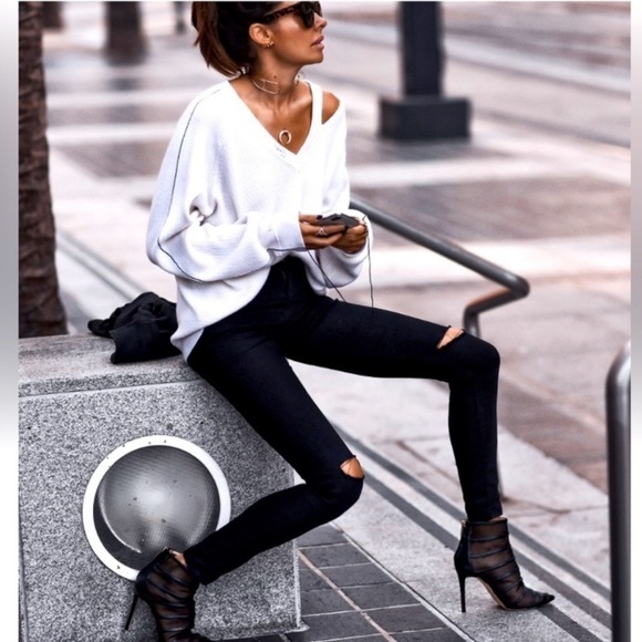 Helmut Lang Distressed V Neck Sweater Cut Out Rib Knit Off White Sz XS - Picture 2 of 16